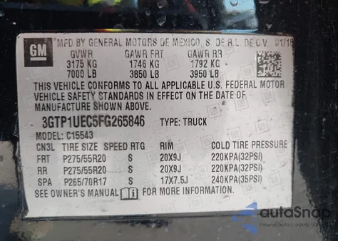 2015 GMC Sierra 1500 Sle z USA, uszkodzony, nr VIN 3GTP1UEC5FG265846